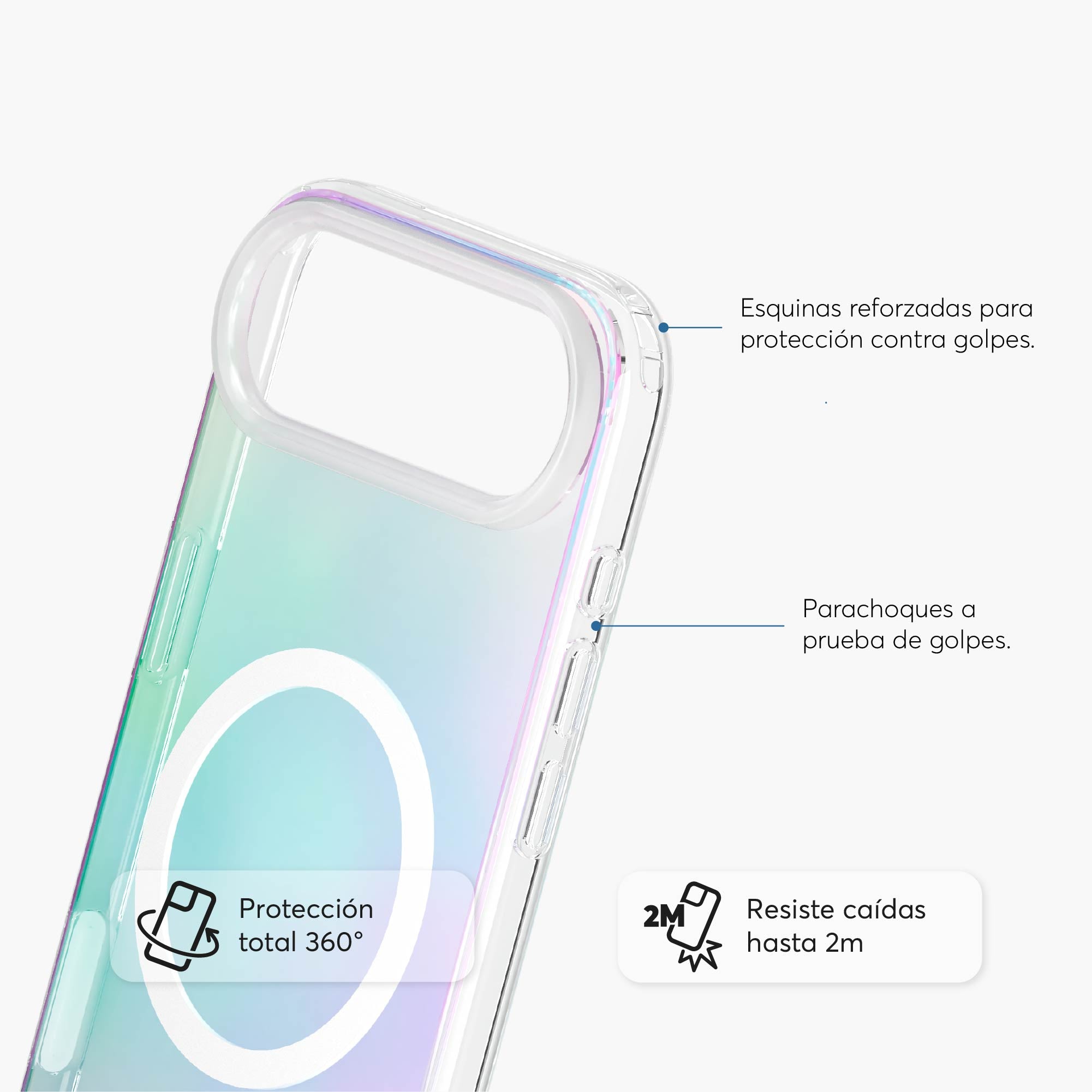 Detalle de esquinas reforzadas en funda SafeCase Rainbow arcoíris para protección iPhone Air