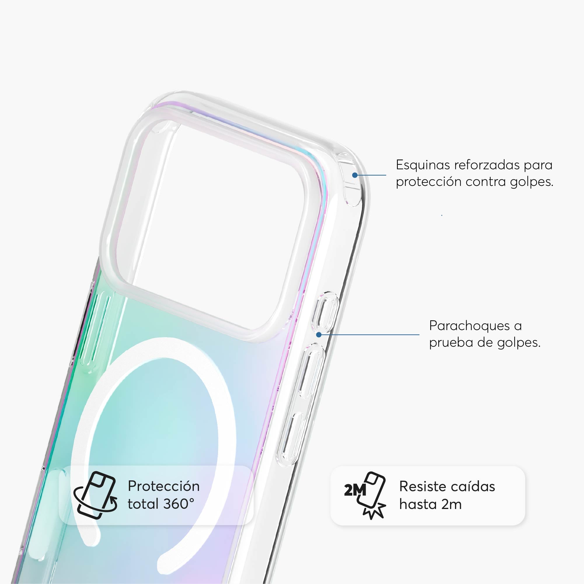 Detalle de esquinas reforzadas en funda SafeCase Rainbow arcoíris para protección iPhone 17 Pro