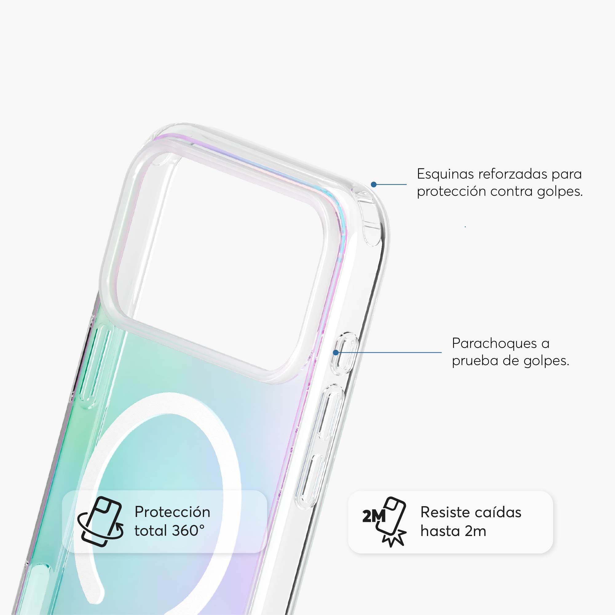 Detalle de esquinas reforzadas en funda SafeCase Rainbow arcoíris para protección iPhone 17 Pro Max