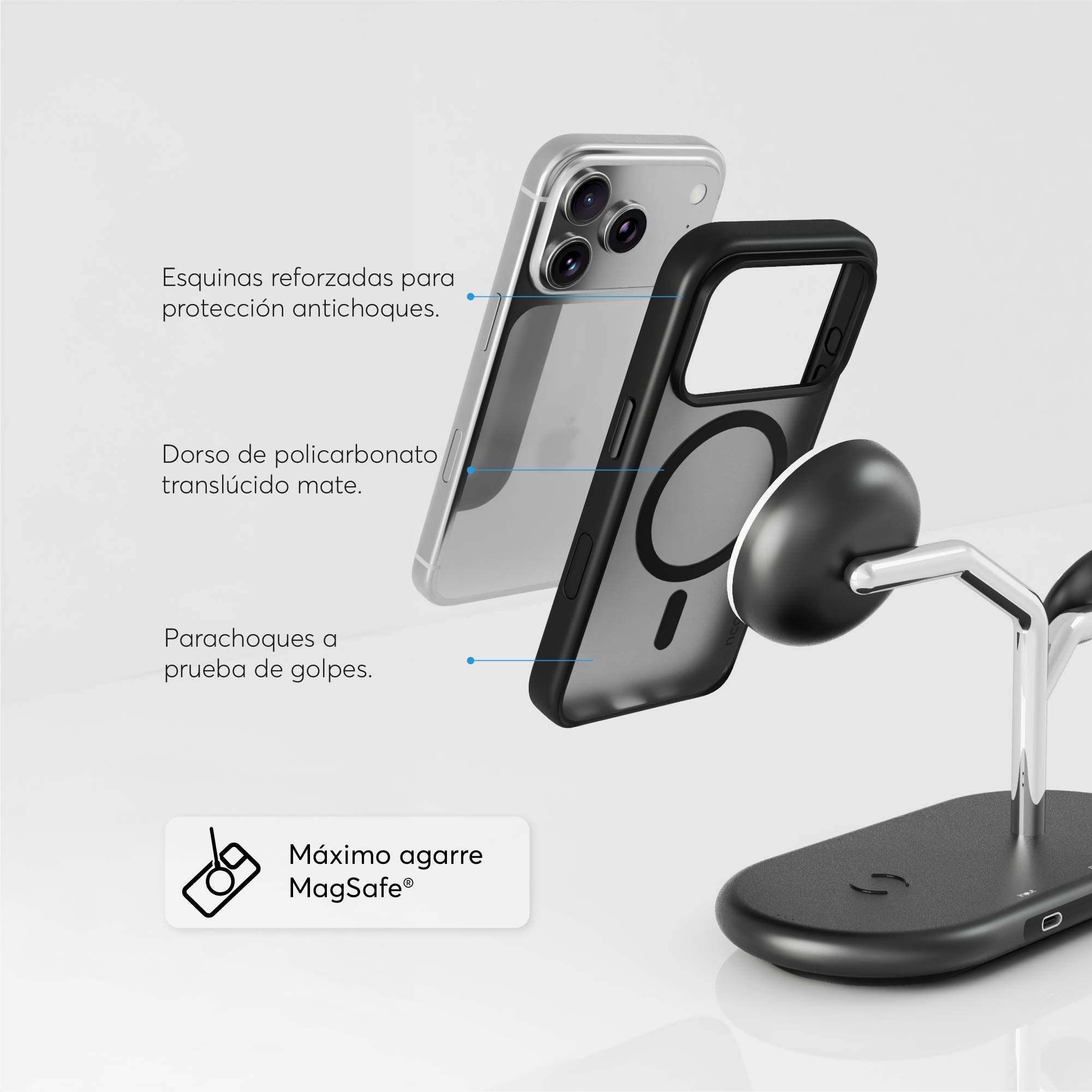 Detalle de construcción de funda SafeCase Lite negra mostrando fuerza del anillo MagSafe para iPhone 17 Pro