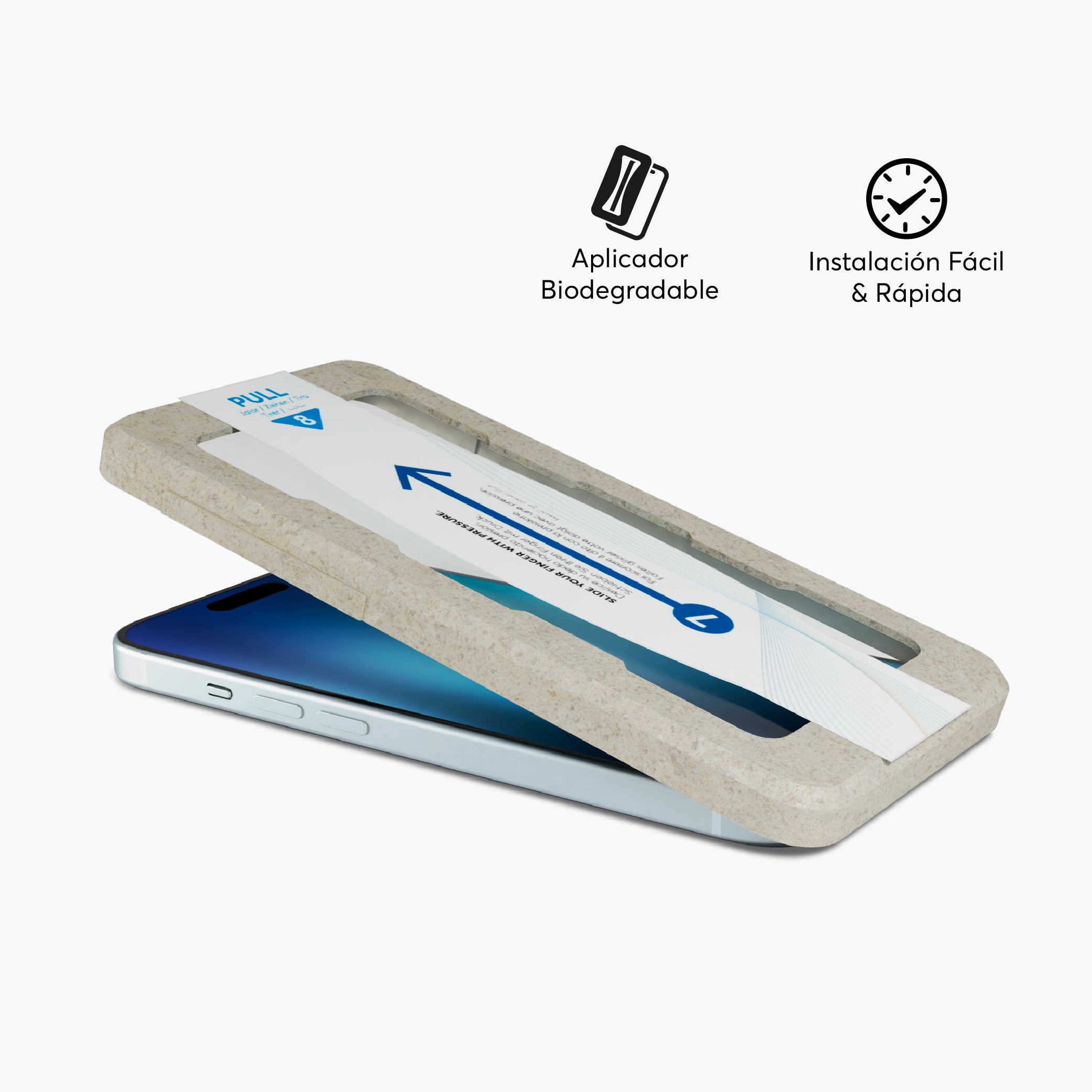 Kit instalador incluido GlassGuard ion+ iPhone 15 instalación fácil sin burbujas